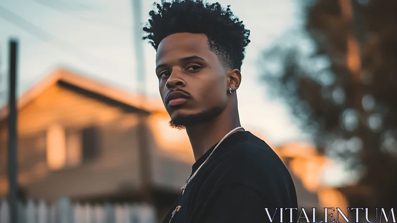 Man in outdoor urban setting at sunset, shallow depth of field.