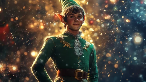 Confident Christmas elf smiles amid glowing festive lights