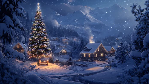 Starlit alpine Christmas village wrapped in snowfall magic.