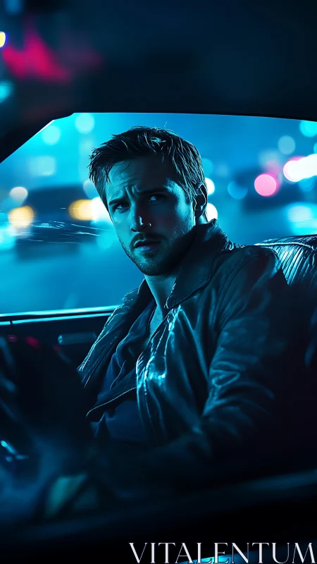 Neo-noir driver framed in moody blue city light.