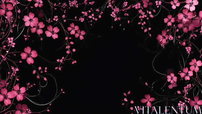 Luminous Petals Dance: Pink Blossoms Against Void.