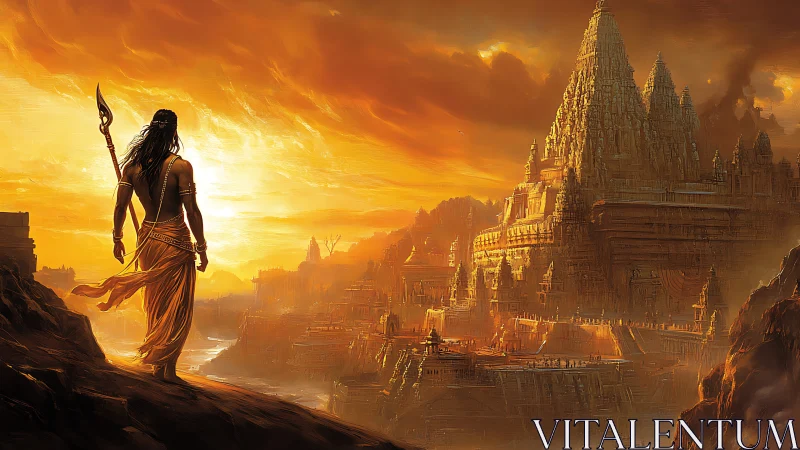 Sun-forged warrior gazes upon a blazing golden temple city.