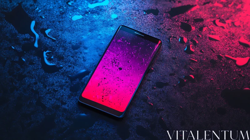 Smartphone Display Emitting Neon Luminescence Against Digital Landscape.