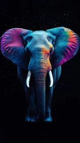 Gentle rainbow elephant glowing softly against night sky.