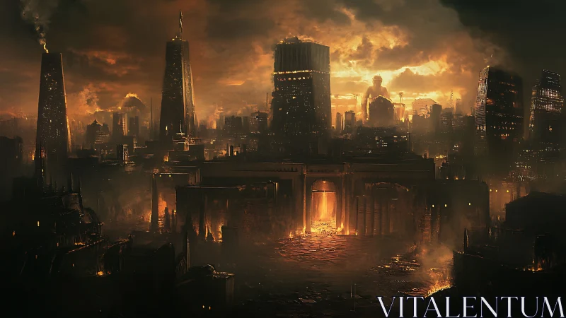 Burning dystopian megacity under blazing storm sky.