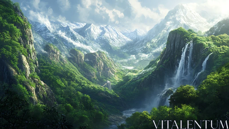 Emerald valley with cascading waterfalls under snow peaks.