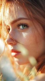 Soft golden portrait with sunlit freckles and gentle gaze.