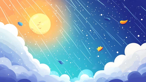 Stylized sky scene shows sun, clouds, streaking lines and shapes