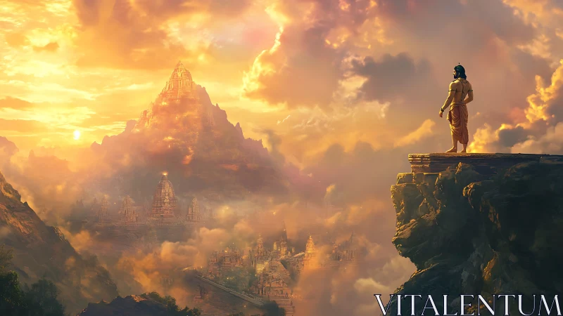 Mythic sunset citadel with heroic figure in digital painting.