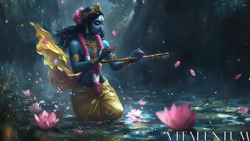 Krishna with flute in lotus pond under soft evening light.