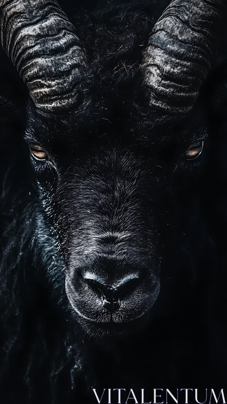 Close frontal portrait of black horned sheep head.