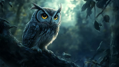 Majestic Owl Perched on Tree Branch in Dreamlike Forest Scene.