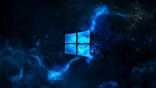 Luminescent blue window logo framed by swirling nebular plasma