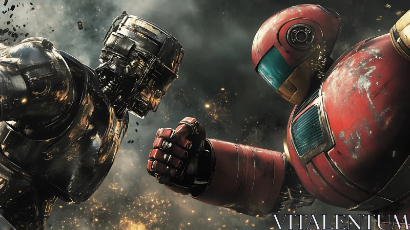 Clashing battle robots locked in a dramatic metallic showdown.