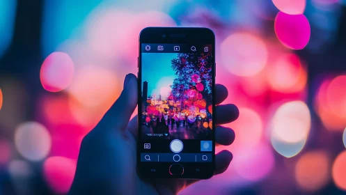 Colorful city lights captured through a glowing phone screen.