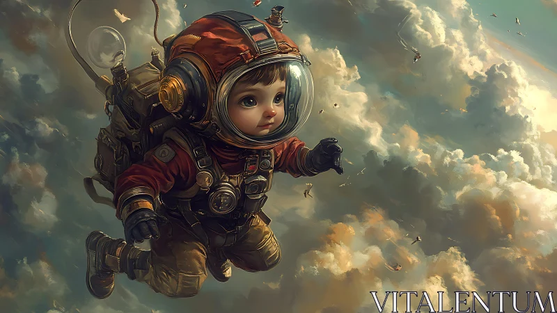 Child astronaut drifting above luminous storm clouds.