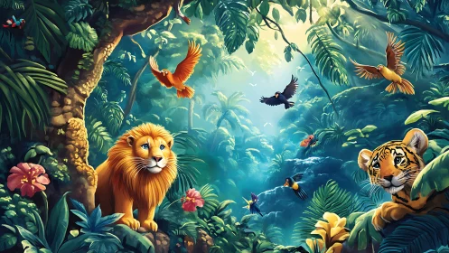 Lush Jungle Sanctuary: Digital Wildlife in Luminous Canopy.