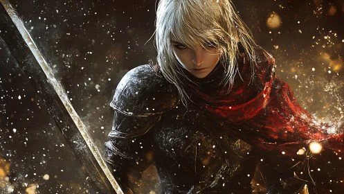 Silver haired armored warrior with greatsword in ember storm