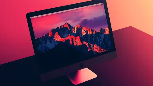 Desktop monitor glows with vivid mountain landscape wallpaper.