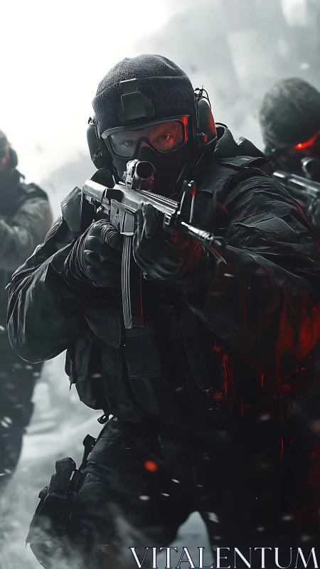 Focused tactical operative advancing through winter streets.