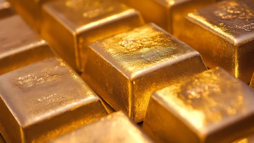 Rectangular gold bars are arranged in a tight stacked pattern