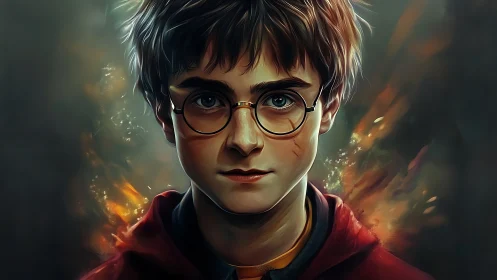 Moody digital portrait of bespectacled boy amid embers.