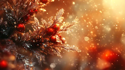 Macro view of frosted pine branch with red berries in warm bokeh