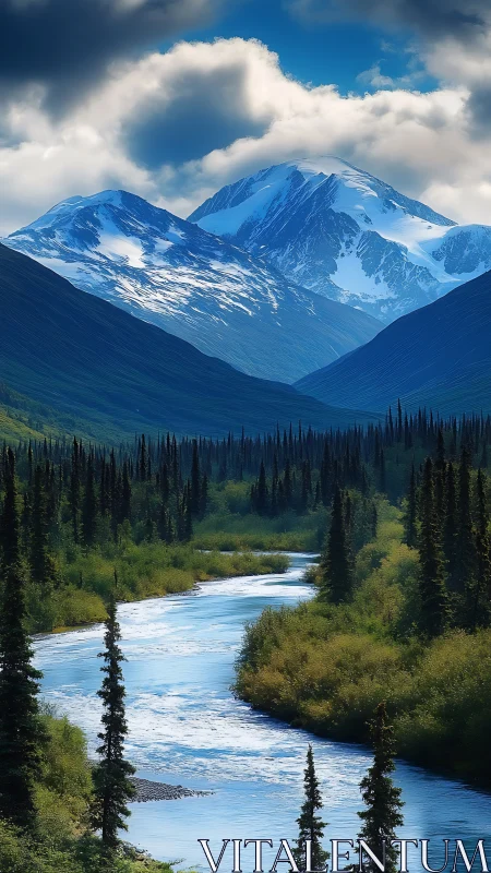 Snowy mountain valley with evergreen forest and river.