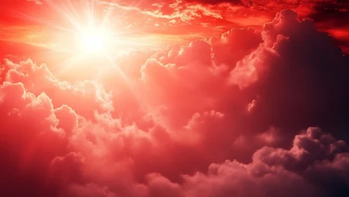 Radiant red sunburst illuminating volumetric storm clouds