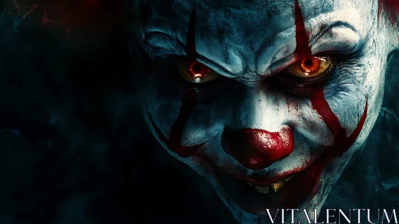 Sinister clown close-up with fiery eyes emerging from dark.