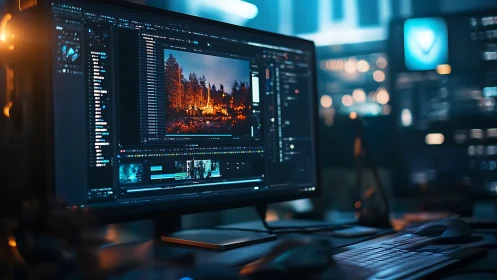 Cinematic color grading workstation with forest scene display.