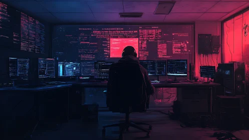 Solitary hacker at multi-monitor workstation in neon glow.