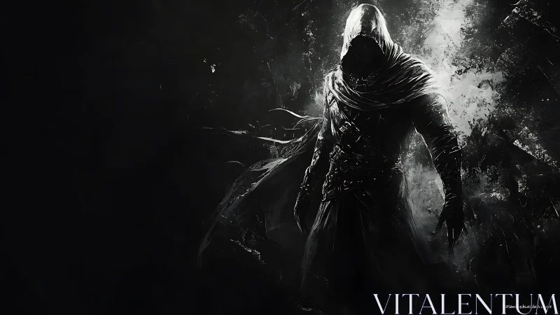 Hooded assassin silhouette rendered in high-contrast monochrome splatter