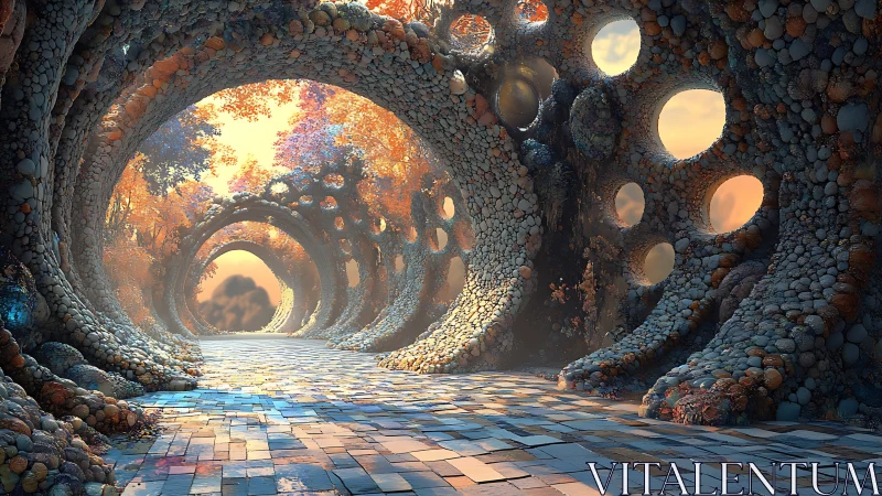 Surreal stone archway tunnel glows with dreamy autumn light