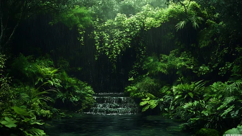 Emerald Canopy Sanctuary: Waterfall Framed by Lush Jungle Foliage