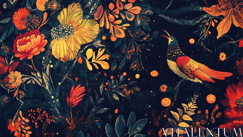 Colorful songbird amid dense orange floral foliage.