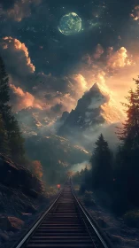 Railway perspective into luminescent alien mountain sky.