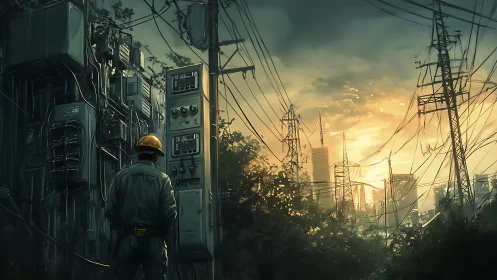 Engineer surveys decayed power grid at smoggy city sunset
