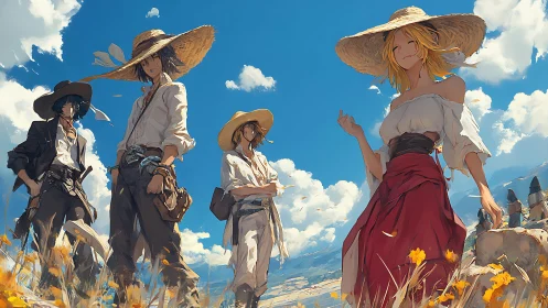 Group of figures stands in rural field under clear blue sky