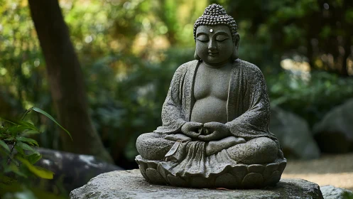 Stone Buddha statue seated in meditation in garden setting.