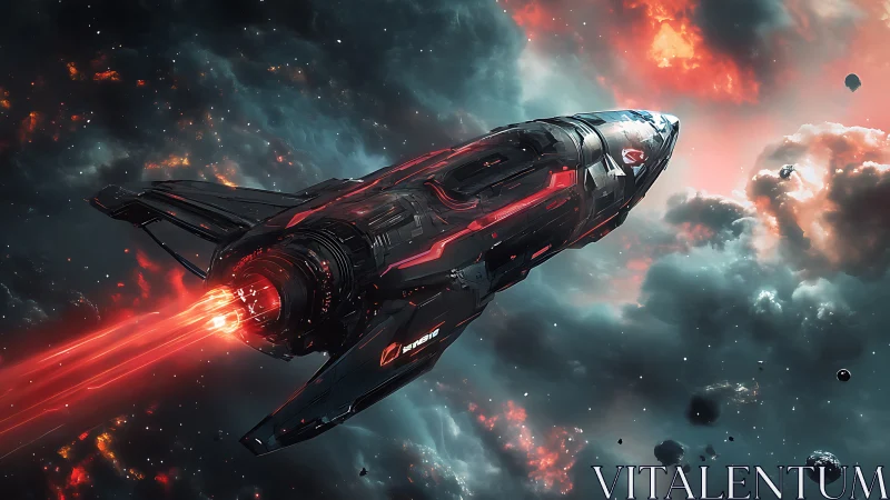 Sleek combat starship cuts through glowing nebula clouds