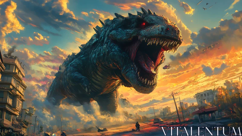 Colossal dragon rampages through sunlit ruined city street