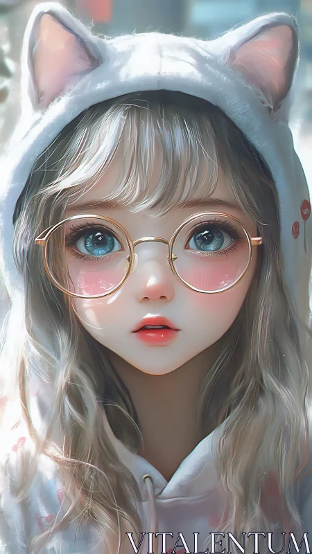 Hyperreal anime portrait with cat-ear hoodie and glasses.