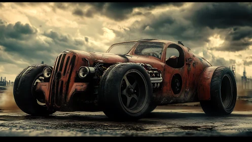 Roaring custom hot rod charges ahead under stormy skies
