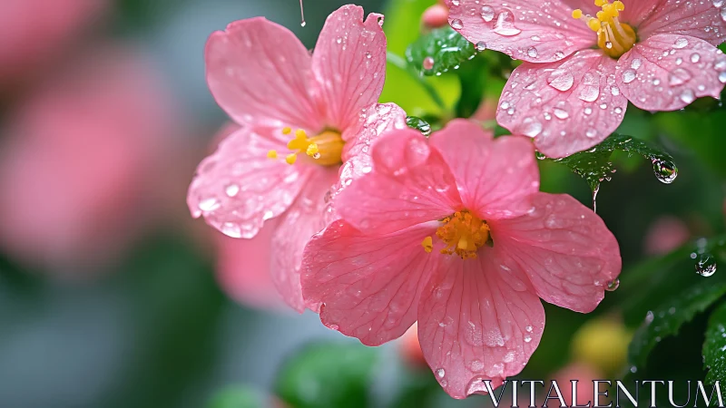 Pink Petals Kissed by Rain: Garden's Gentle Moment.