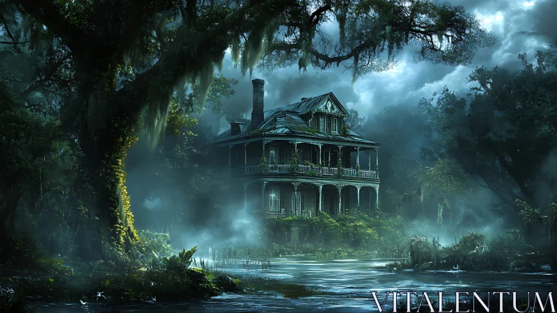 Moonlit swamp manor exhales ghostly secrets into the mist