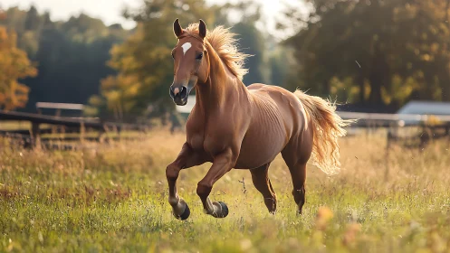 Chestnut horse gallops through a sunlit countryside meadow.