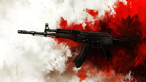 Stark rifle silhouette against a storm of red and white.