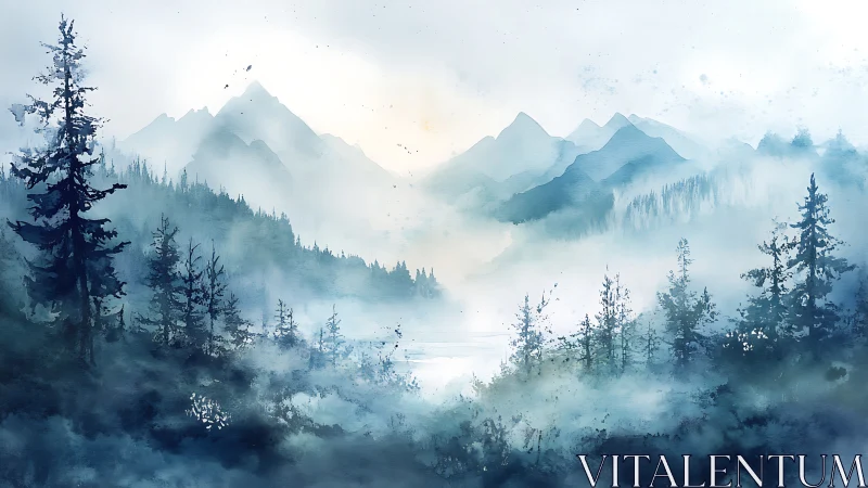 Atmospheric watercolor alpine forest with misted mountains.