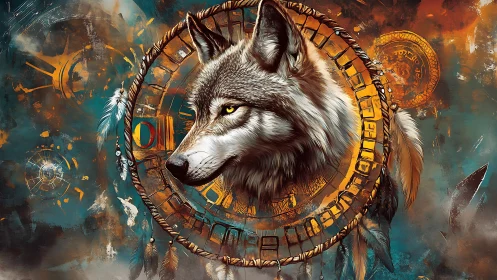 Lone astral wolf emerging through a shamanic dreamwheel.